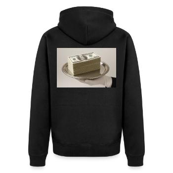 Stapel Geldscheine auf einem silbernen Tablett - Unisex Premium Bio Zip Hoodie - Schwarz - Hinten - Nico (187cm)