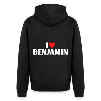 I love Benjamin Rotes Herz Liebe Fan Geschenk - Unisex Premium Bio Zip Hoodie - Schwarz - Hinten - Nico (187cm)