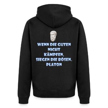 Philosophisches zum Thema Sieg und Kampf - Unisex Premium Bio Zip Hoodie - Schwarz - Hinten - Nico (187cm)