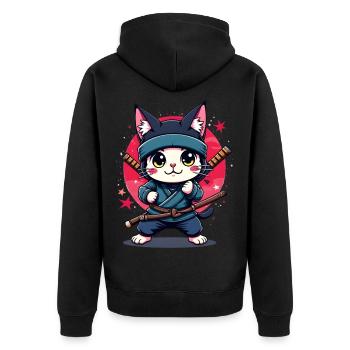 Japanische Kawaii Ninja Katze - Unisex Premium Bio Zip Hoodie - Schwarz - Hinten - Nico (187cm)