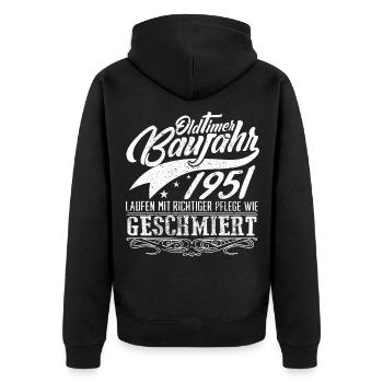 Oldtimer Baujahr 1951 - Unisex Premium Bio Zip Hoodie - Schwarz - Hinten - Nico (187cm)