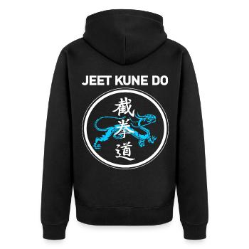 Jeet Kune Do Drachen und Kanji T-Shirt - Unisex Premium Bio Zip Hoodie - Schwarz - Hinten - Nico (187cm)