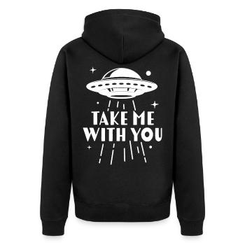 Nimm mich mit - Unisex Premium Bio Zip Hoodie - Schwarz - Hinten - Nico (187cm)