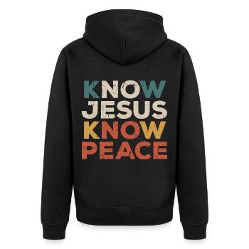 Know Jesus Know Peace Retro Glaubensspruch - Unisex Premium Bio Zip Hoodie - Schwarz - Hinten - Nico (187cm)