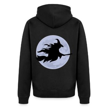 Fliegende Hexe auf Besen vor Vollmond Silhouette - Unisex Premium Bio Zip Hoodie - Schwarz - Hinten - Nico (187cm)