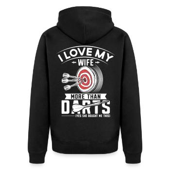 Dart Darts - I love my wife more than Darts - Unisex Premium Bio Zip Hoodie - Schwarz - Hinten - Nico (187cm)