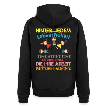 Erzieherin Shirt · Lebensfrohen · Kind Geschenk - Unisex Premium Bio Zip Hoodie - Schwarz - Hinten - Nico (187cm)