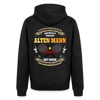 Alter Mann mit Tennisschläger - Tennisspieler - Unisex Premium Bio Zip Hoodie - Schwarz - Hinten - Nico (187cm)