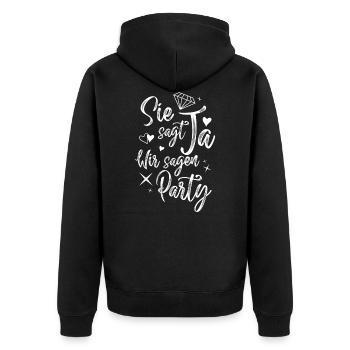 sie sagt ja wir sagen party - Unisex Premium Bio Zip Hoodie - Schwarz - Hinten - Nico (187cm)