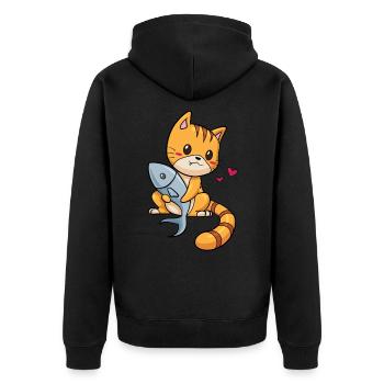 Katze mit Fisch - Unisex Premium Bio Zip Hoodie - Schwarz - Hinten - Nico (187cm)