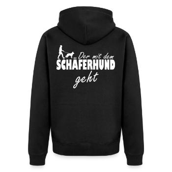 Weisser Deutscher Schäferhund - Der mit dem geht - Unisex Premium Bio Zip Hoodie - Schwarz - Hinten - Nico (187cm)