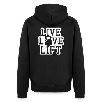 Kettlebell Live Love Lift Geschenk - Unisex Premium Bio Zip Hoodie - Schwarz - Hinten - Nico (187cm)