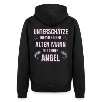 Angler - Unterschätze niemals alten Mann mit Angel - Unisex Premium Bio Zip Hoodie - Schwarz - Hinten - Nico (187cm)