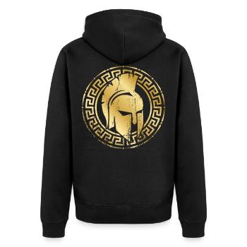 spartaner helm gold - Unisex Premium Bio Zip Hoodie - Schwarz - Hinten - Nico (187cm)