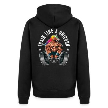 Einhorn Train like a Unicorn - Unisex Premium Bio Zip Hoodie - Schwarz - Hinten - Nico (187cm)