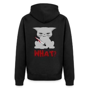 Cat What? Funny Cat Murderous Cat With Knife - Unisex Premium Organic Zip Hoodie - black - Back - Nico (187cm)