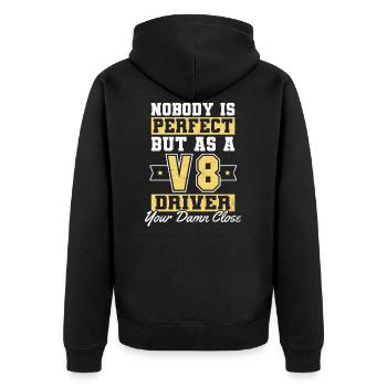V8-Motor Niemand ist das perfekte Geschenk - Unisex Premium Bio Zip Hoodie - Schwarz - Hinten - Nico (187cm)