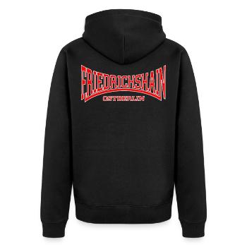 Friedrichshain Ostberlin (rot/weiss) - Unisex Premium Bio Zip Hoodie - Schwarz - Hinten - Nico (187cm)