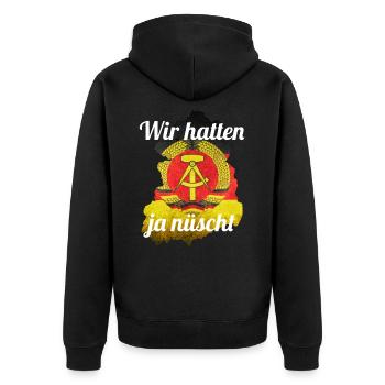 DDR OSSI - Unisex Premium Bio Zip Hoodie - Schwarz - Hinten - Nico (187cm)