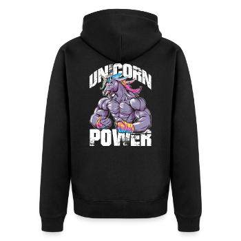 Einhorn Power Fitness - Unisex Premium Bio Zip Hoodie - Schwarz - Hinten - Nico (187cm)