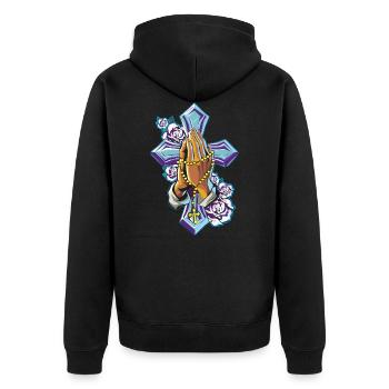 Kreuz Hände Beten Rosenkranz - Unisex Premium Bio Zip Hoodie - Schwarz - Hinten - Nico (187cm)
