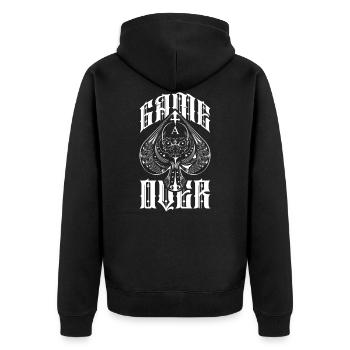 Game Over Poker Karte As Pik - Unisex Premium Bio Zip Hoodie - Schwarz - Hinten - Nico (187cm)