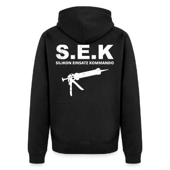 Fliesenleger Silikon Einsatz Kommando - Unisex Premium Bio Zip Hoodie - Schwarz - Hinten - Nico (187cm)