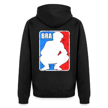 Holzrusse in Russenhocke Bra Bratan Russia blyad R - Unisex Premium Bio Zip Hoodie - Schwarz - Hinten - Nico (187cm)