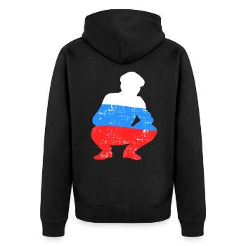 Holzrusse in Russenhocke Bra Bratan Russia blyad R - Unisex Premium Bio Zip Hoodie - Schwarz - Hinten - Nico (187cm)