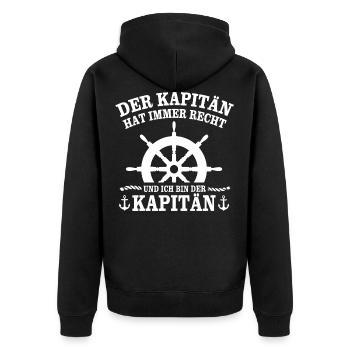 Kapitän Geschenk Steuerrad Spruch hat immer recht - Unisex Premium Bio Zip Hoodie - Schwarz - Hinten - Nico (187cm)