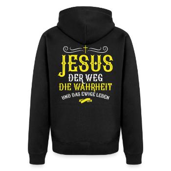 Jesus Christus Wahrheit Rettung - Unisex Premium Bio Zip Hoodie - Schwarz - Hinten - Nico (187cm)