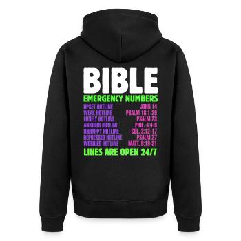 Notfallnummer Tag Christlicher Gläubiger Bibelkont - Unisex Premium Bio Zip Hoodie - Schwarz - Hinten - Nico (187cm)