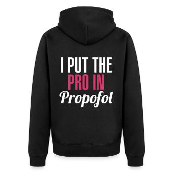 CRNA I stellt den Beweis in Propofol Scrub Life Me - Unisex Premium Bio Zip Hoodie - Schwarz - Hinten - Nico (187cm)