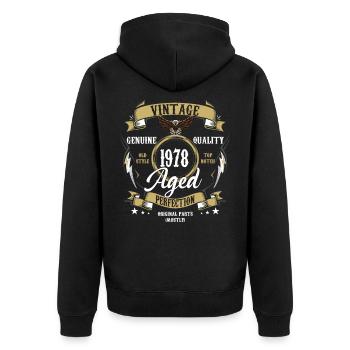 VINTAGE 1978 ALTER PERFEKTION - Unisex Premium Bio Zip Hoodie - Schwarz - Hinten - Nico (187cm)
