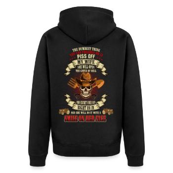 PISS OFF MY WIFE FARMER SKULL - Unisex Premium Organic Zip Hoodie - black - Back - Nico (187cm)
