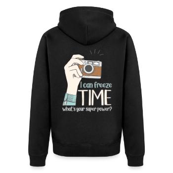 Drôle de photographe je peux geler le temps - Veste à capuche bio Premium Unisexe - noir - Dos - Nico (187cm)
