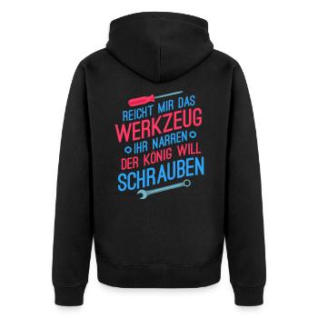 Reicht mir das Werkzeug König Mechaniker Schrauber - Unisex Premium Bio Zip Hoodie - Schwarz - Hinten - Nico (187cm)