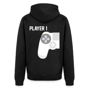 Zocker Gamer Player 1 - Unisex Premium Bio Zip Hoodie - Schwarz - Hinten - Nico (187cm)