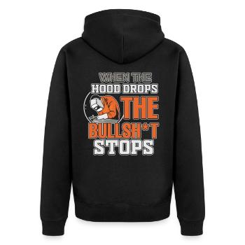 Funny Schweißer Wenn die Haube fällt der Bullshit - Unisex Premium Bio Zip Hoodie - Schwarz - Hinten - Nico (187cm)