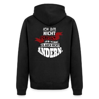 Ich bin nicht perfekt und werde es nicht ändern - Unisex Premium Bio Zip Hoodie - Schwarz - Hinten - Nico (187cm)
