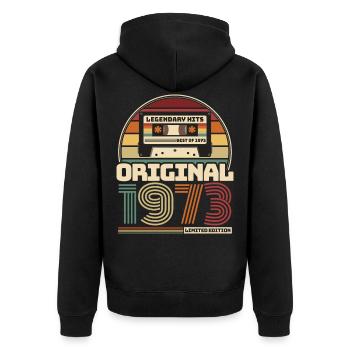 Rétro vintage cassette anniversaire millésime 1973 - Veste à capuche bio Premium Unisexe - noir - Dos - Nico (187cm)