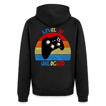 Level 10 freigeschaltet - Unisex Premium Bio Zip Hoodie - Schwarz - Hinten - Nico (187cm)