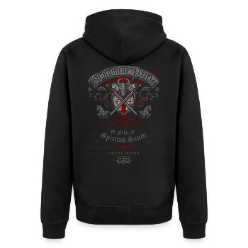 C-PK · KNIGHT, HELMET, SHIELD, SWORD, COAT OF ARMS - Unisex Premium Organic Zip Hoodie - black - Back - Nico (187cm)