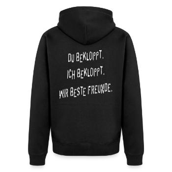 Du bekloppt. Ich bekloppt. Wir beste Freunde! - Unisex Premium Bio Zip Hoodie - Schwarz - Hinten - Nico (187cm)