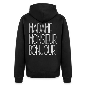 madame monsieur bonjour klassisch weiss - Unisex Premium Bio Zip Hoodie - Schwarz - Hinten - Nico (187cm)