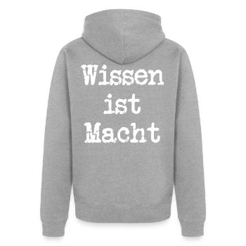 wissen ist macht weiss - Unisex Premium Bio Zip Hoodie - Grau meliert - Hinten - Nico (187cm)