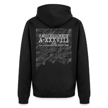 passierschein a38 weiss - Unisex Premium Bio Zip Hoodie - Schwarz - Hinten - Nico (187cm)