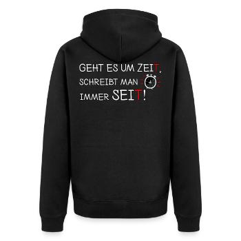 Geht es um Zeit, schreibt man seit! Deutsch Lehrer - Unisex Premium Bio Zip Hoodie - Schwarz - Hinten - Nico (187cm)