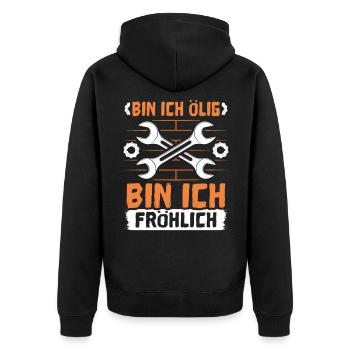 Bin Ich Ölig bin ich Fröhlich - Unisex Premium Bio Zip Hoodie - Schwarz - Hinten - Nico (187cm)