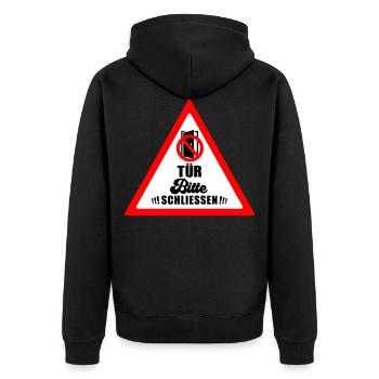 Tür schließen bitte | Farbe änderbar - Unisex Premium Bio Zip Hoodie - Schwarz - Hinten - Nico (187cm)